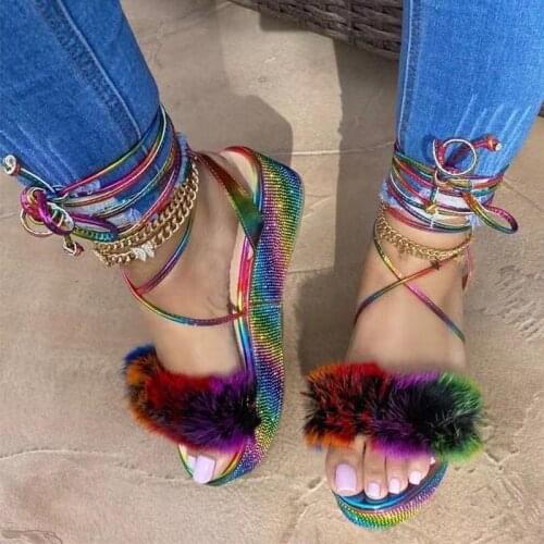 Faux Fur Womens Sandals Fashion Summer Rhinestone Crystal Bling Cross-tied Lace-up Ladies Shoes Platform Female Footwear 2021