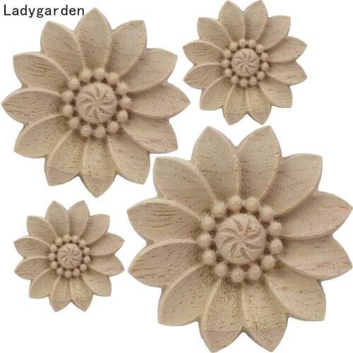 10PCS Wood Carved Round Onlay Applique Unpainted Sculptures Cabinets Door Vintage Home Decoration Decor Type Statues Craft