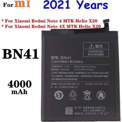 2021 For Xiaomi Redmi Note 4 Hongmi Note 4 / Note 4X MTK Helio X20 Phone Battery 100% Capacity 4000mAh BN41 Battery