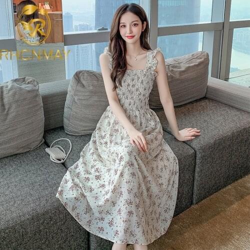 2021 Korean version New Womens Square Neck Mid Long Dress French retro Suspender Flower elastic Waist Dress