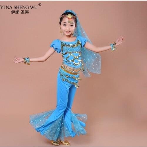 Girls Bollywood Indian Performance Set Children Belly Dance Costume Top pants belts 3pcs Suit Bellydance Clothes Kids Dance Wear