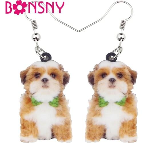 Bonsny Acrylic Sweet Fluffy Chinese Shih Tzu Dog Earrings Drop Dangle Novelty Animal Jewelry For Women Girls Teen Gift Wholesale