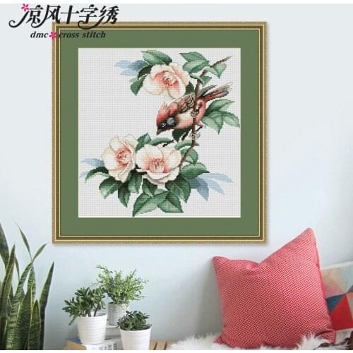 Flower and bird cross stitch kit DMC brand thread animal dog count canvas fabric embroidery handmade needlework