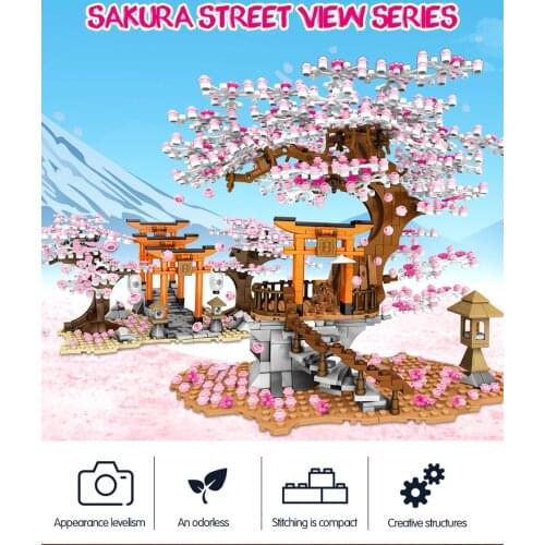 Sembo 601075 City Street View Series Idea Sakura Stall Inari Shrine Building Block Romanic Cherry Blossom Brick Toy for Children