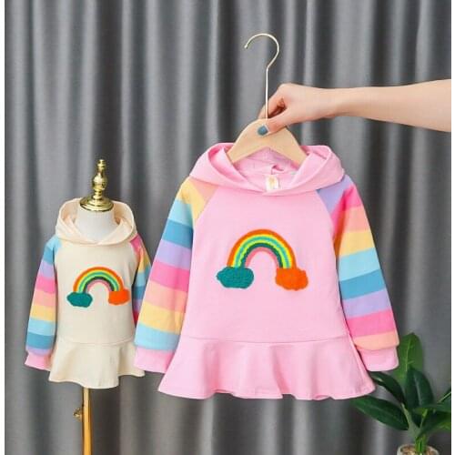 Girls Party Dress Childrens Princess Dress Rainbow Colorful Kids Girls Hoodies Dresses for Baby Girl Spring Long Sleeve Dresses