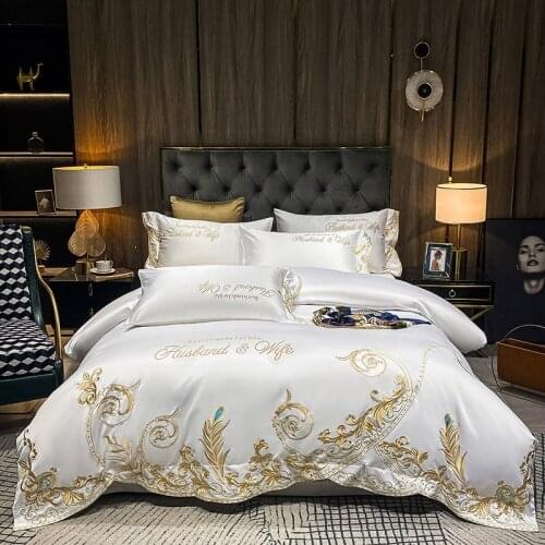 European Style White Egyptian Cotton Bedding Set King Queen Golden Embroidery Super Soft Bed Sheet Duvet Cover Pillowcase #/L
