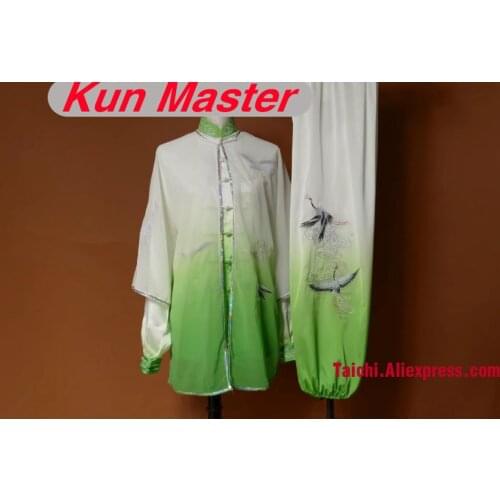 Custom Tai Chi Performance Uniform Crane Embroidery White Green Gradual Change Color Martial Art Clothing Three Pieces