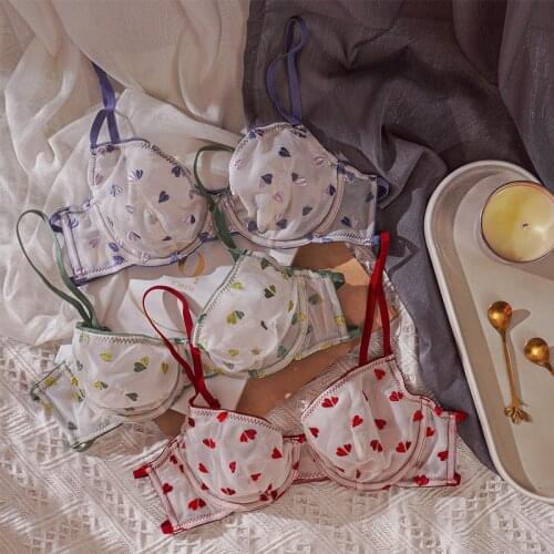 Embroidered love double layer fine yarn translucent lingerie sexy ultra-thin soft memory steel ring bra set non-bump underwear