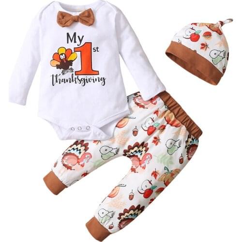 2021 Thanksgiving Day Baby Girls Boys Outfit, Long Sleeve Round Collar Letter Romper + Chicken Fruit Printing Long Pants + Cap