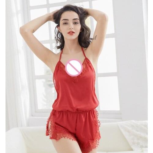 Red/Green/White Summer Womens Nightshirts Halter Siamese Lingerie Sexy Lace Solid Soft Satin Deep V Sleepwear Full Slips M-L