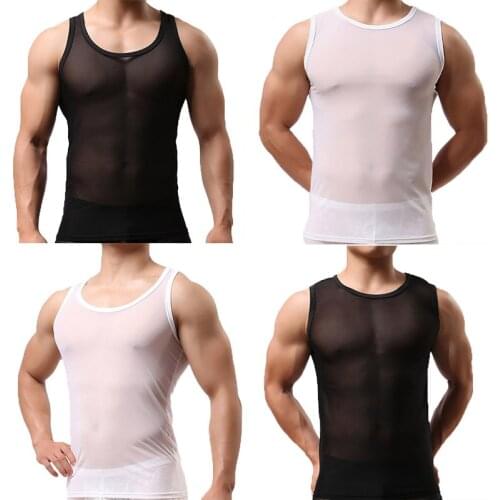 Men Undershirts Sleeveless Mesh Breathable Shirts Transparent Sheer Tank Tops Sports Fitness Quick Dry Underwear Slip Sleepwear