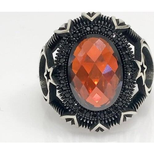 Red Stone the Moon the stars Custom Quality Silver Men 'S Ring