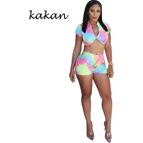2019 summer new womens one-piece shorts two-piece casual tie dyed printing sexy nightclub jumpsuit suit