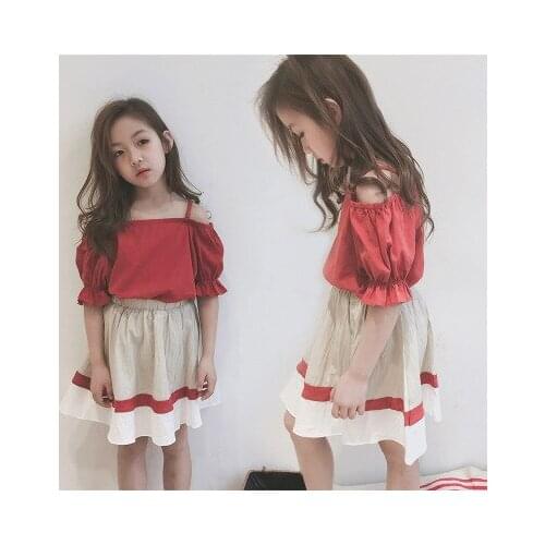 Summer new girls' baby fashion suits big childrens suspenders puff sleeve doll shirt and color matching short dress sets