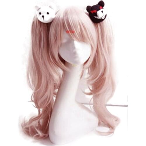 Dangan Ronpa Danganronpa Enoshima Junko Cosplay Wig Pink Long Wavy With Ponytail Clip Heat Resistant Cosplay Wig + Bear Hairpins