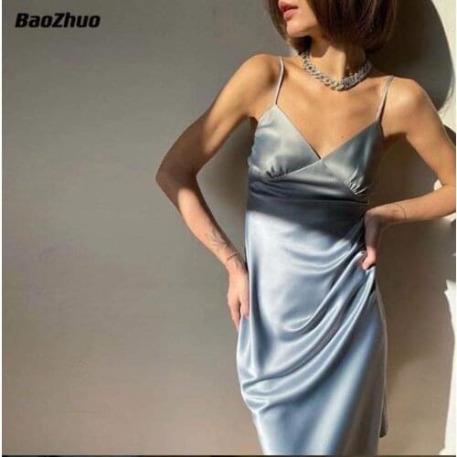 BaoZhuo Women Summer Satin V Neck Sexy Dress Party Elegant Female Sundress Beach 2021 New Spaghetti Strap Dress Casual