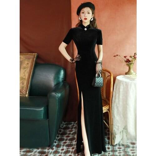 Black Long Qipao Oriental Dress Velvet Stand Collar Retro Sexy Cheongsam Chinese Traditional Summer Tight Fitting Fishtail Dress