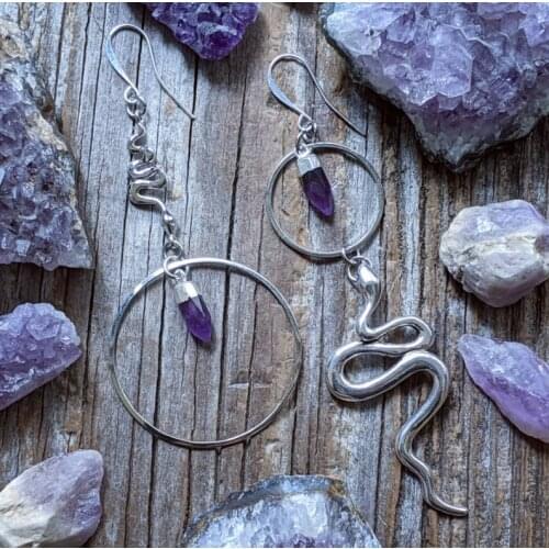 Silver Plated-Snake Crystal Witchy- Hoop Earrings - Goth - Gift - Gothic - Hoops - Silver - Witchy - Goddess - Dark - Statement