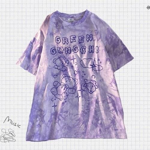Unisex Shirt Round Neck Angel Bear Tie-dye Summer Short-Seeved Japanese Cute Retro Tee Shirt Vintage Art T-shirt INS Style New