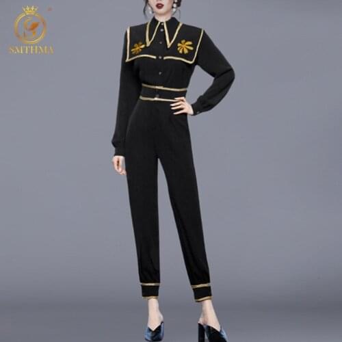 2021 New Arrival Korean Two-Piece Set Temperament Lapel Phnom Penh Flower-breasted Top + High Waist Slim Straight Pants Suit