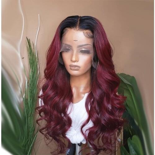 Medium Length Body Wave 13*6 Lace Front Human Hair Wigs ombre wine Red Color PrePlucked Brazilian Lace Front Wig With Baby Hair