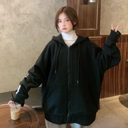 Luzuzi Hoodies Women Plus Velvet Zip-up Pockets Chic Oversize Sweatshirt BF Ulzzang Harajuku Daily Streetwear Womens Stripe