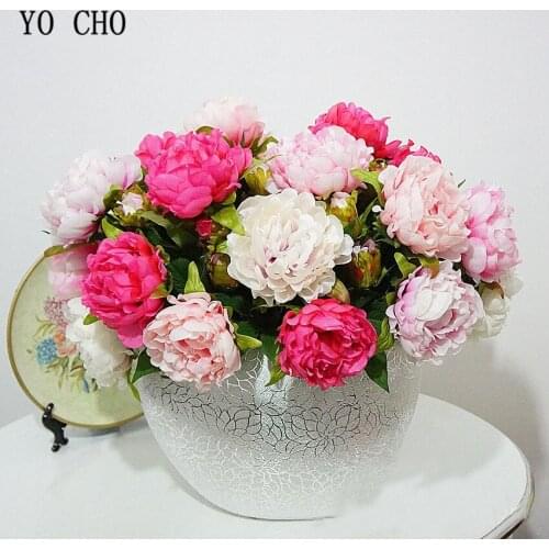 YO CHO Artificial Flower Fake Peony Pink Wedding Silk Peonies White Flower Bridal Bouquet Home Decoration Artificial Peony Rose