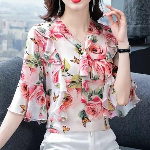 Floral Chiffon Women Blouse Summer New Design 2021 Bow Neck Flare Sleeved Slim Loose Elegant Office Lady Pulls Outwear Tops