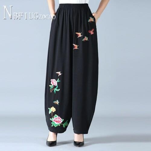 Embroidery Flower Butterfly Elastic Waist Women Pants Cotton Linen Female Trousers