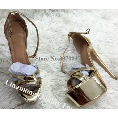 Linamong Newest Women Open Toe Silver Gold High Platform Stiletto Heel Sandals Luxurious Straps High Heel Sandals Wedding Heels
