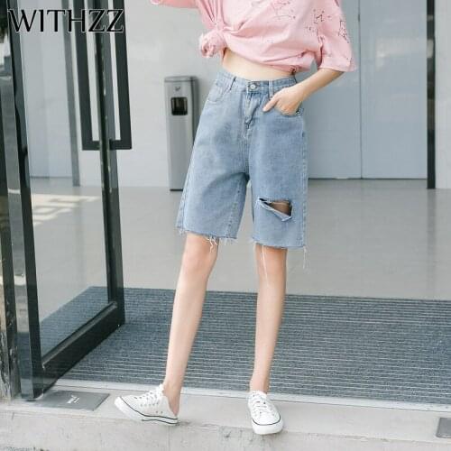 WITHZZ Spring Summer Womens Thin Denim High Waist Loose Hole Straight Shorts Lovely Wide Leg Jeans