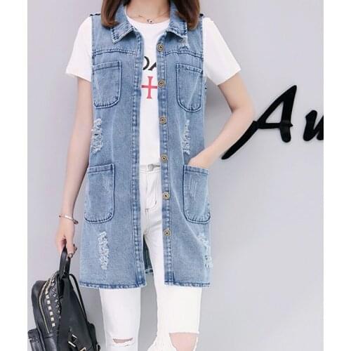 Womens Denim Vests 2021 Spring Summer Ripped Long Hole Jeans Waistcoat Femme Fahion Sleeveless Casual Jacket Outerwear