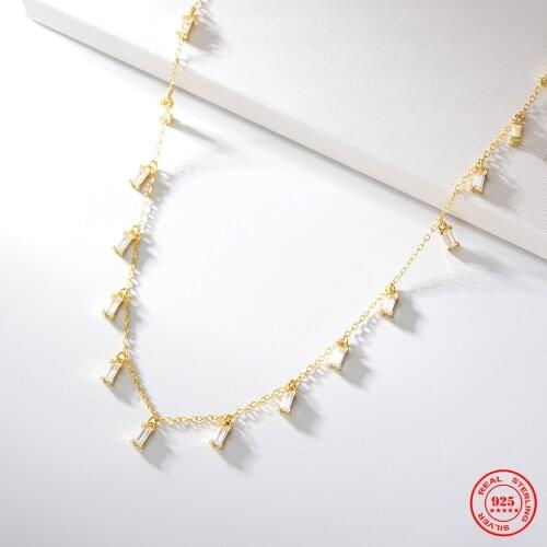 925 Sterling Silver White Rectangle Zircon Charms Link Chain tassel Choker Neckalce Fashion Women European Party Fine Jewelry