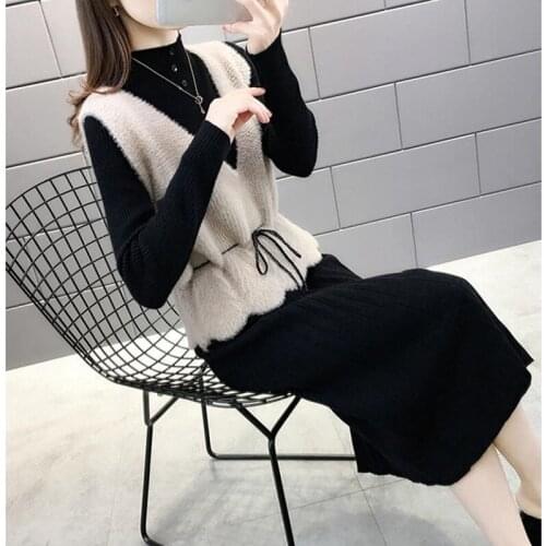 Womens Sweater Dress Two Piece Set 2020 Autumn Winter New Sweater Vest And Knitted Dress Set Ladies Elegant Sweater Suit H103