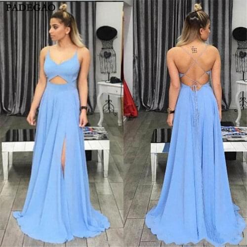 Sexy Blue Evening Dress A-Line Long Prom Dresses Lace Up Backless Side Split Evening Dresses Custom Made Vestido de noche