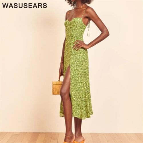 Summer dresses for women casual floral dress vintage lace up back dress spaghetti strap midi dress high split dresses 2020