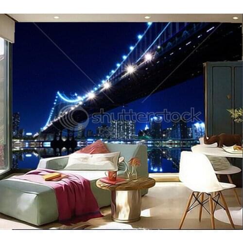 Custom 3D murals,New York City Skyline and Manhattan Bridge At Night,living room sofa TV wall bedroom wall paper