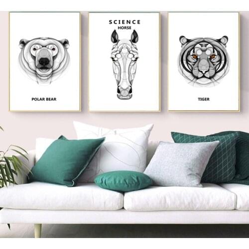 Technology Sense Black White Design 3D Animal Tiger Bear Horse Modern Fashion Home Office Decoration Printing Frameless Poster