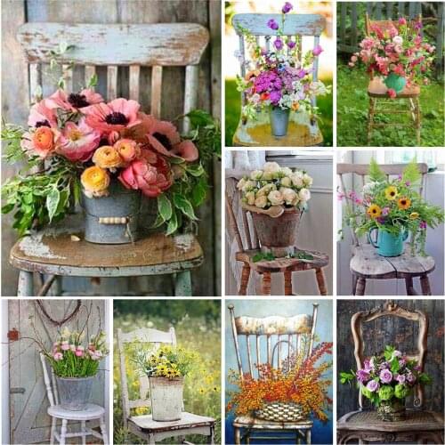 Huacan 5d DIY Full Square Diamond Painting Chair Flower Diamond Embroidery Cross Stitch Mosaic Bucket Ranunculus Rose Needlework