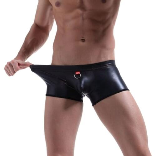 Plus Size U Convex Pouch Boxers Black Sexy Men PU Faux Leather Underwear Boxers Shorts Sheathy Cool Male Gay Wear Underwear F15