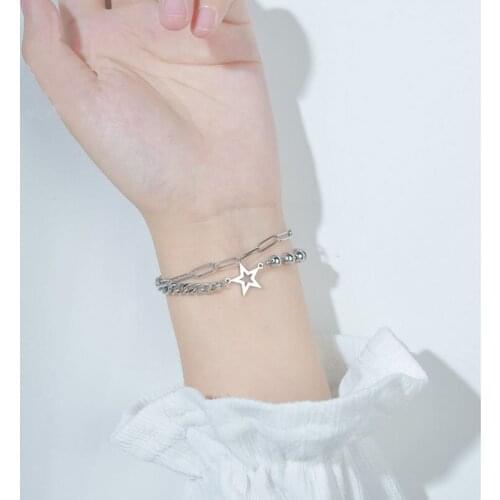 XIYANIKE 316L Stainless Steel 2 Colors Hollow Out Star 2 Layer Beads Chain Bracelets Gift 2021 For Women Fashion Party Jewelry