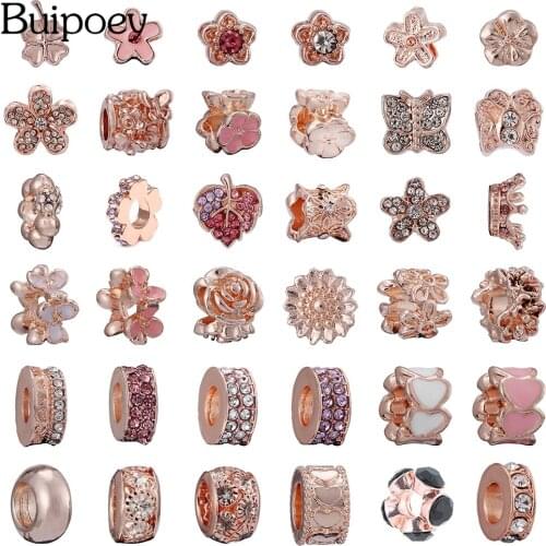 Buipoey 2pcs Rose Gold Beaded Flowers Charm Fit Bracelets & Bangles Shiny Rhinestone Leaves Butterfly Beads Jewelry Accessories