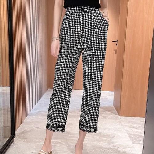 Casual Summer Women Pants Korean Elastic High Waist Pockets Plaid Ankle Pants Women Lace Patchwork Houndstooth Femme Pantalon