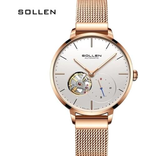 New Switzerland Luxury Brand SOLLEN Automatic Mechanical Womens Watches Waterproof Dual Skeleton Mesh Band Ladies Clocks SL418