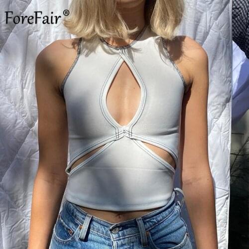 Forefair Ribbed Hollow Out Tank Tops Sexy Woman Sleeveless Knitted Cotton Vest Basic Solid Black White Bodycon Sexy Crop Top