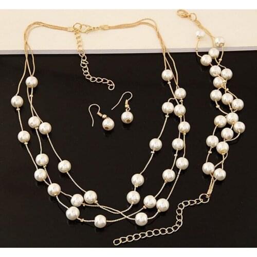 Imitation Pearl Jewelry Sets Multilayer Gold/Silver Plated Necklace Sets for Bridal Wedding Necklace/Bracelet/Earrings Set