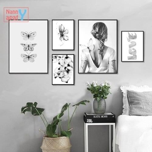 Canvas Painting Home Decor Nordic Style Black and White Women Butterfly Wall Art Pictures Modern Printed Poster for Living Room