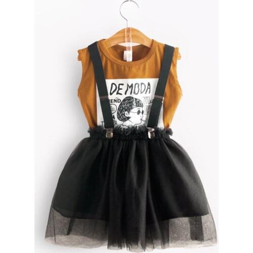 Girls Summer Dress Sleeveless Printed Vest Top Skirt Mesh Strap Two-Piece Set Fashion Net Gauze Skirt Children Women Suit
