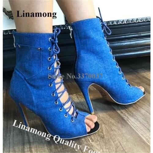 Linamong Women Western Fashion Peep Toe Blue Denim Stiletto Heel Boots Lace-up Jean High Heel Ankle Booties Dress Heels