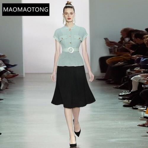 Fashion Designer Dress Summer Womens Dress Stand-up Collar Sashes Splicing Slim Midi Dress